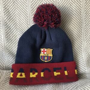 Barcelona Cuffed Beanie FCB Official Merch Knit Sock Hat Pom Pom on Top Blue Red